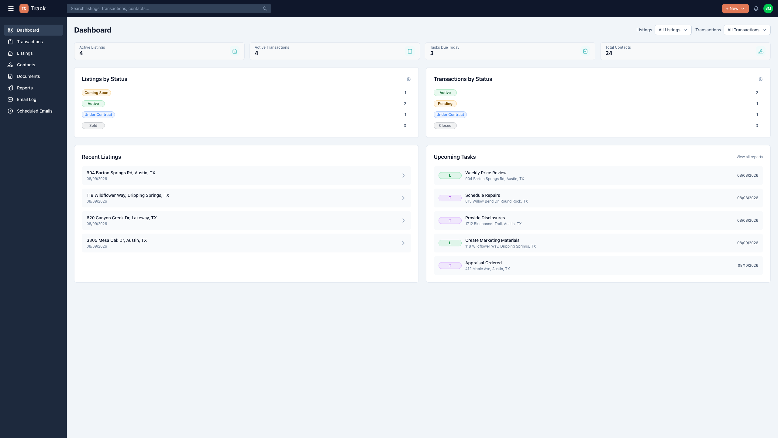 TC Track dashboard showing active transactions, upcoming tasks, and deadlines
